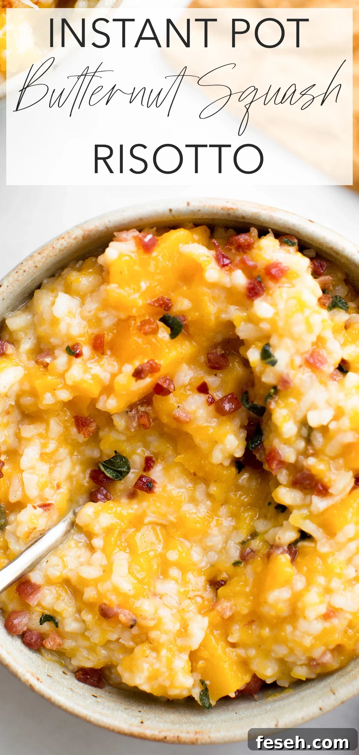 Closeup overhead photo of a bowl of instant pot butternut squash risotto with a spoon that's been partially eaten