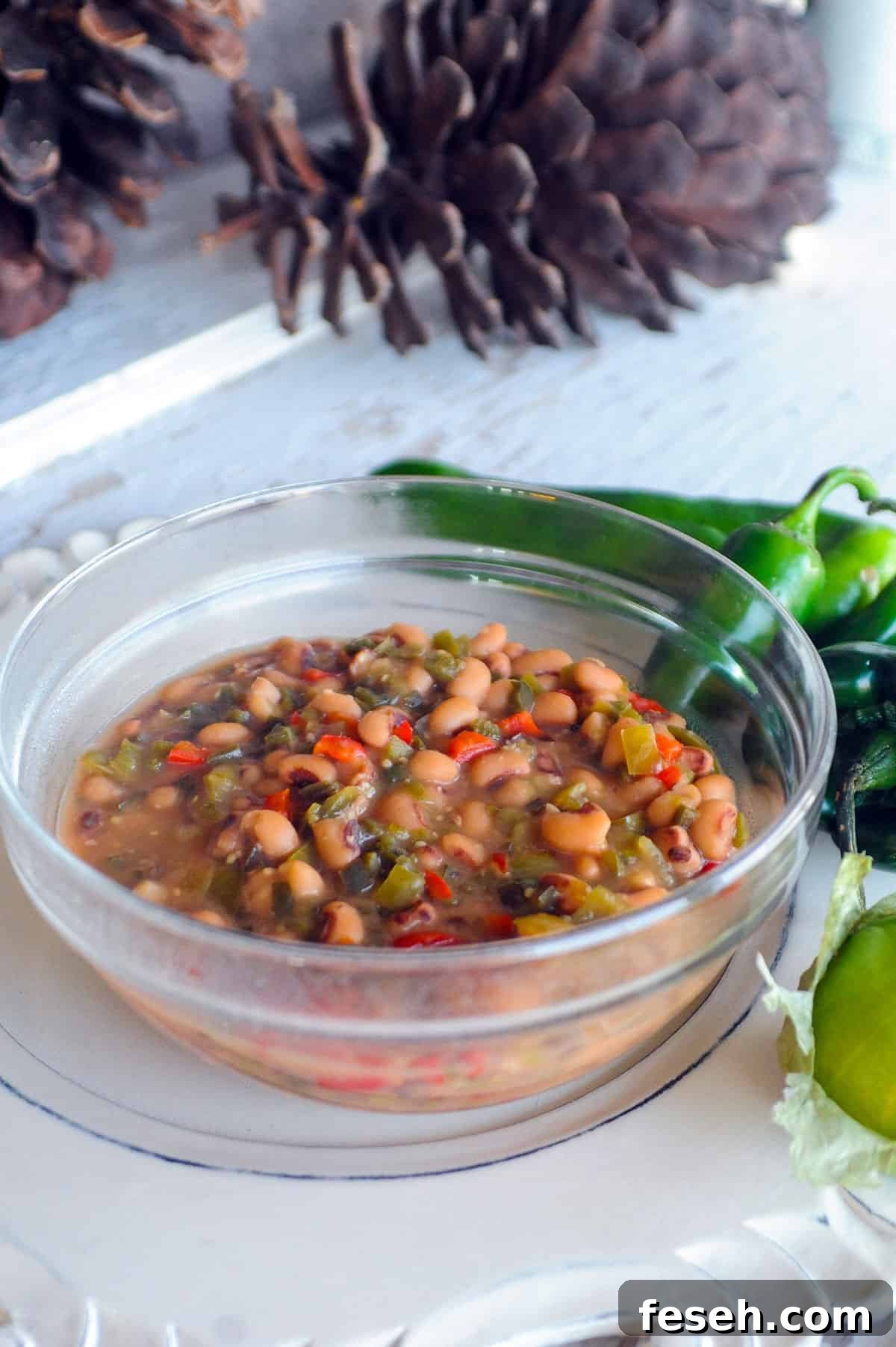 Bowl of Southern Black Eyed Peas with Roasted Peppers.