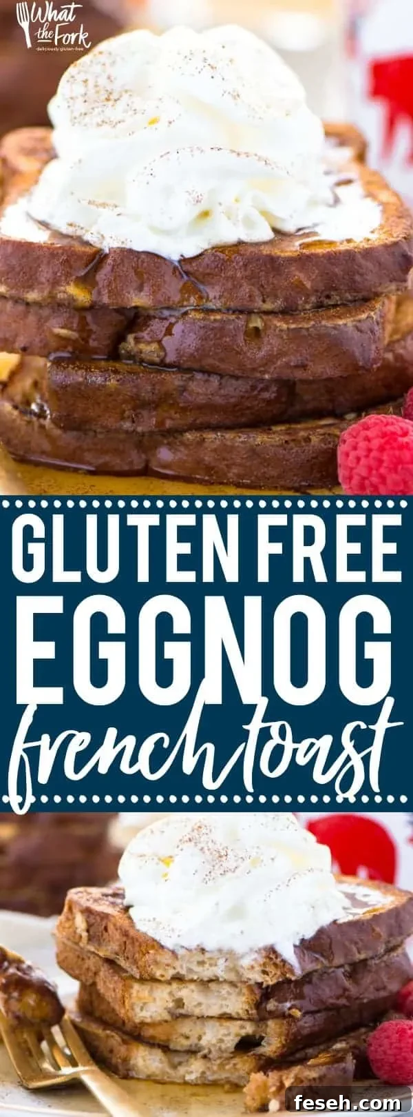This Gluten Free Eggnog French Toast is the perfect breakfast during the holiday season. You can make it ahead too and reheat it for your holiday brunch! For dairy free, use non-dairy eggnog. Recipe from @whattheforkblog | whattheforkfoodblog.com | recipes for Christmas brunch | gluten free breakfast recipes | easy French toast recipes | #Christmas #frenchtoast #breakfast #glutenfree #easyrecipes #recipe #eggnog #brunch