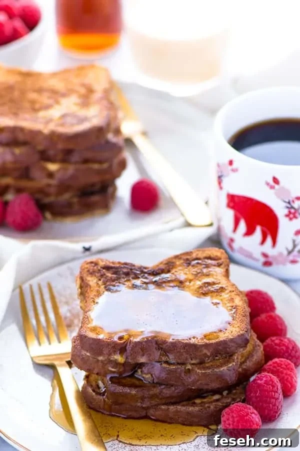 This Gluten Free Eggnog French Toast is the perfect breakfast during the holiday season. You can make it ahead too and reheat it for your holiday brunch! For dairy free, use non-dairy eggnog. Recipe from @whattheforkblog | whattheforkfoodblog.com | recipes for Christmas brunch | gluten free breakfast recipes | easy French toast recipes | #Christmas #frenchtoast #breakfast #glutenfree #easyrecipes #recipe #eggnog #brunch