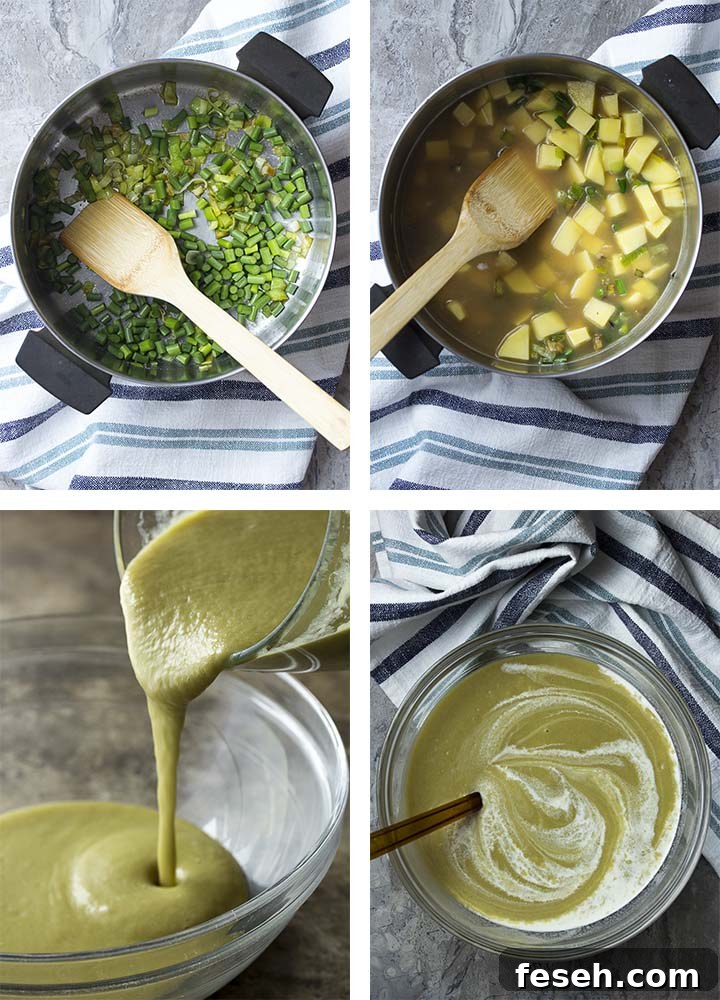 Step by step photos of how to make garlic scape vichyssoise.