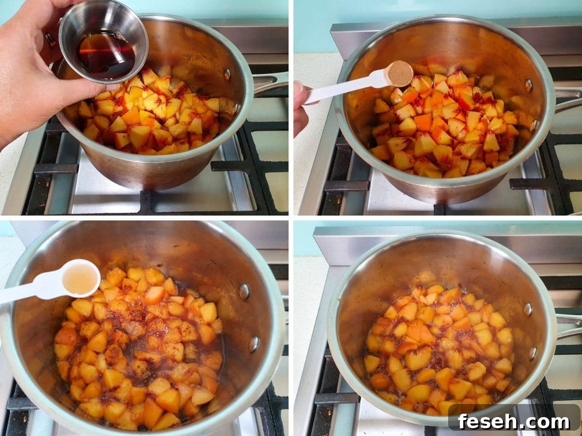 Process shots: adding maple syrup, cinnamon and vanilla to pot of chopped peaches, simmering peaches.