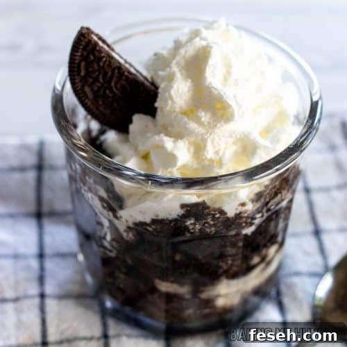 oreo mug cake topped with whipped cream and a halved cookie