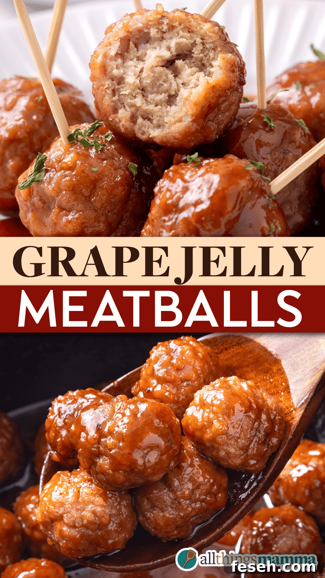 collage image of grape jelly meatballs.