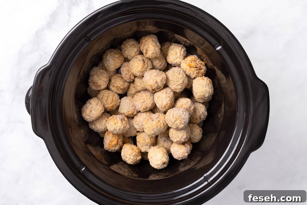 frozen meatballs in a slow cooker.