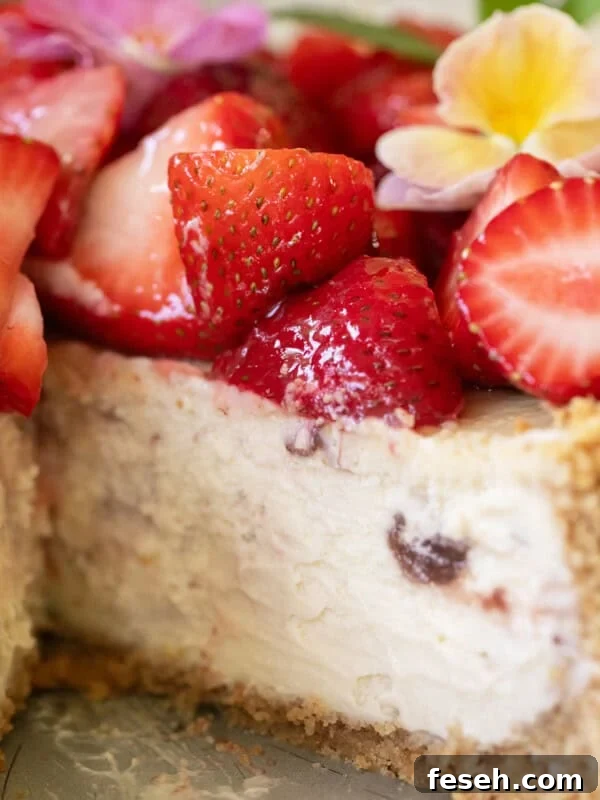 Strawberry cheesecake, topped with glazed strawberries.