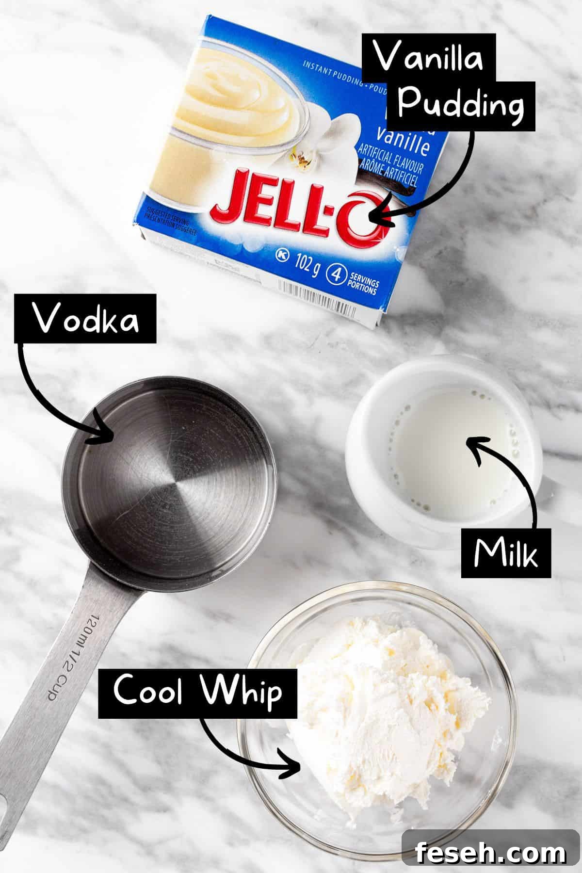 The ingredients needed to make the vanilla pudding shots.