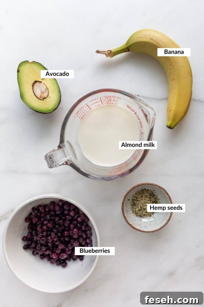 ingredients for a blueberry avocado smoothie