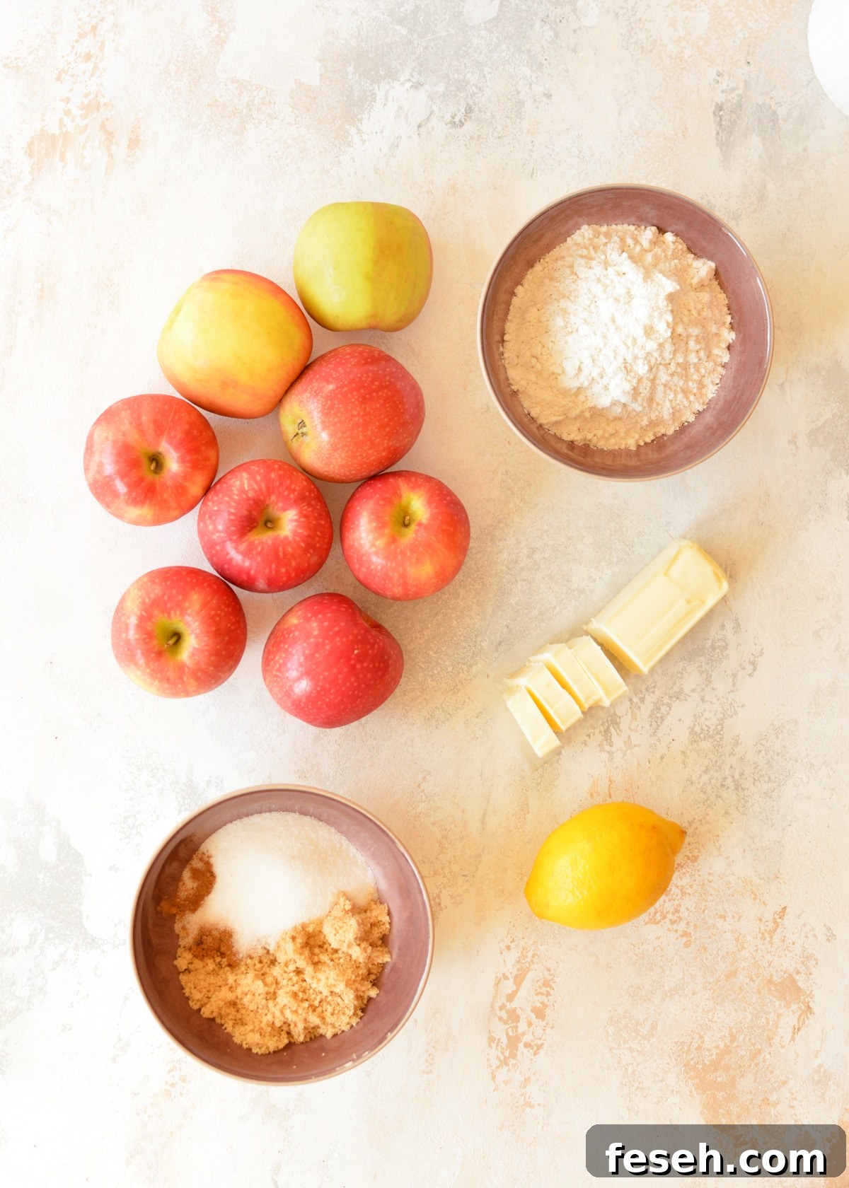 Crispy Apple Crisp (Oat-Free) Recipe for Homemade Dessert 3 apples, flour, butter, sugar, brown sugar, lemon