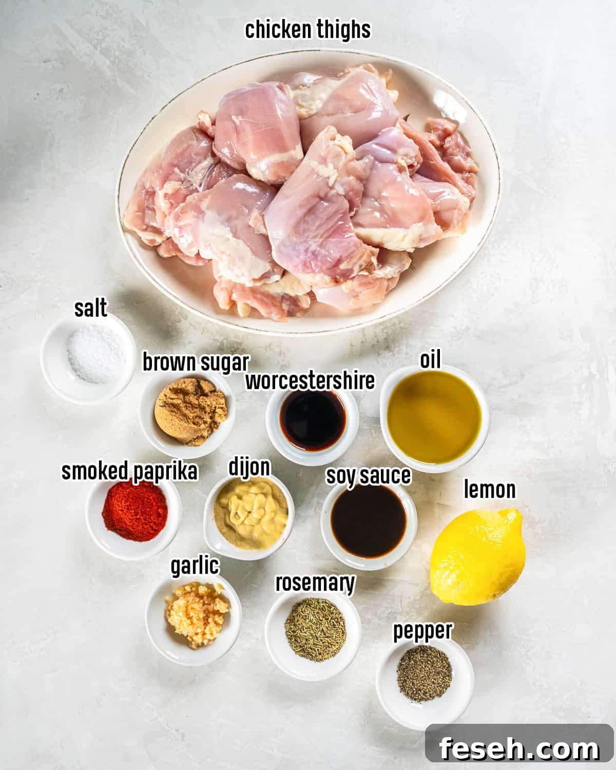 Boneless chicken thighs and marinade ingredients in bowls with text overlay.