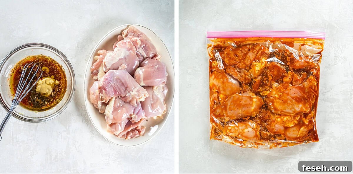Two images of chicken thighs on a plate and marinade in a measuring cup and both in a plastic food storage bag.