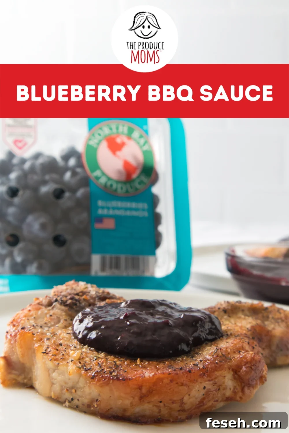 Grilled Pork Chops with Blueberry BBQ Sauce 10 Pinterest Pin: Blueberry BBQ Sauce on pork chops with North Bay blueberries in background