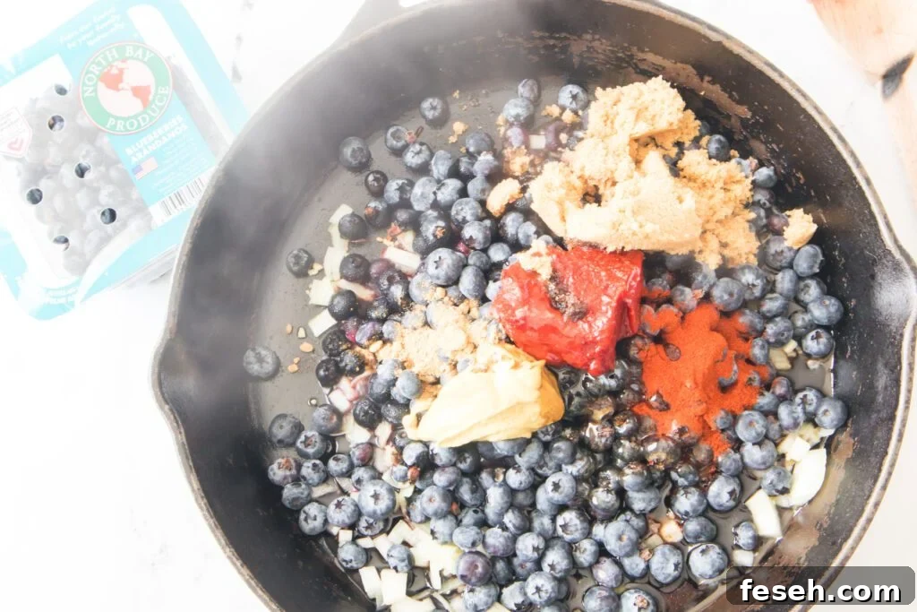 Grilled Pork Chops with Blueberry BBQ Sauce 6 Overhead view of all the ingredients in the skillet