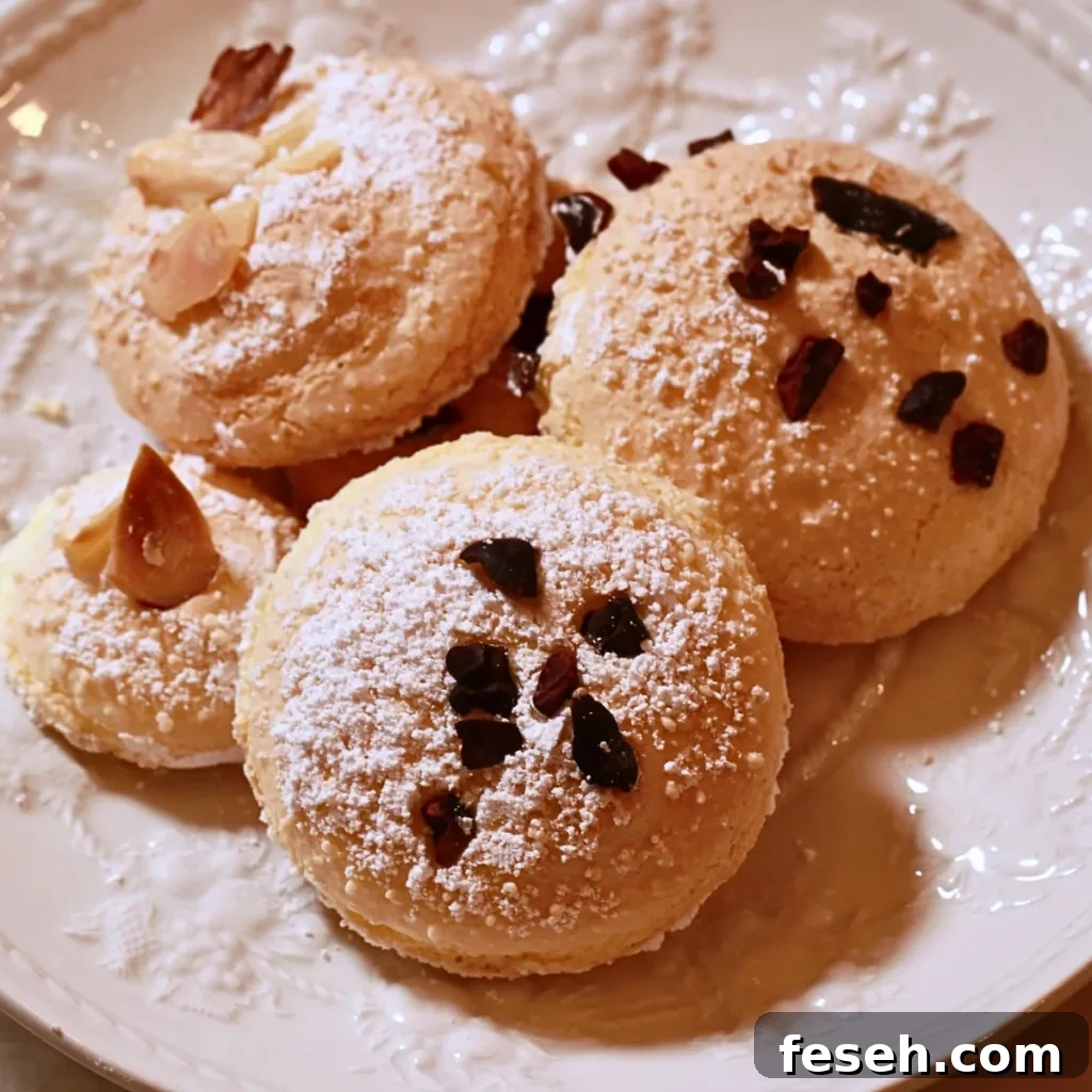 round ladyfingers with cacao nibs and sliced almond on top