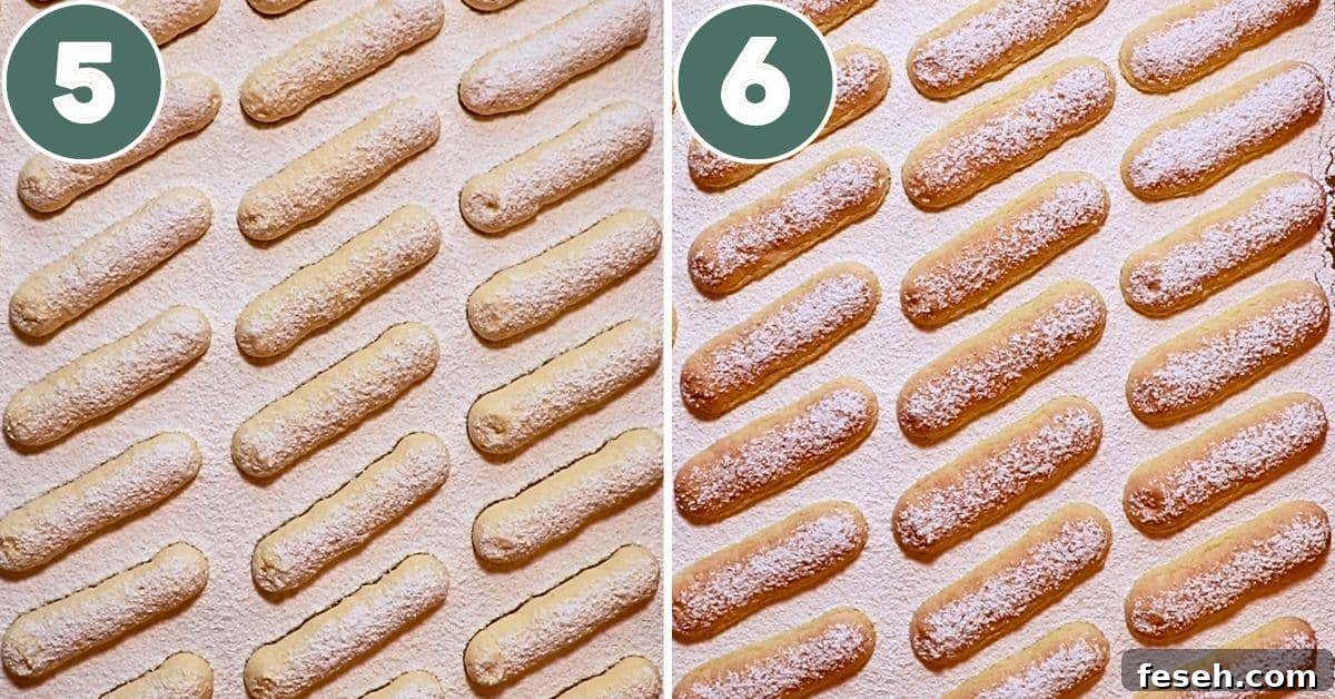 steps for dusting powdered sugar and baking ladyfingers