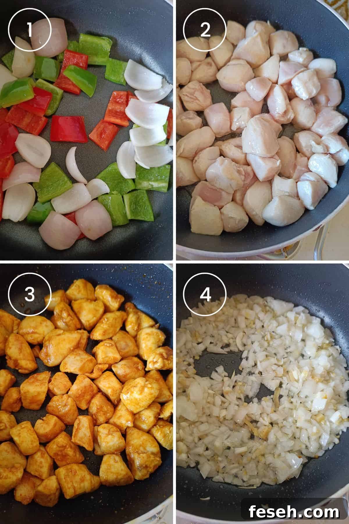 Four images showing sautéing the veggies, stir frying the chicken until fried, and sautéing the aromatics. 