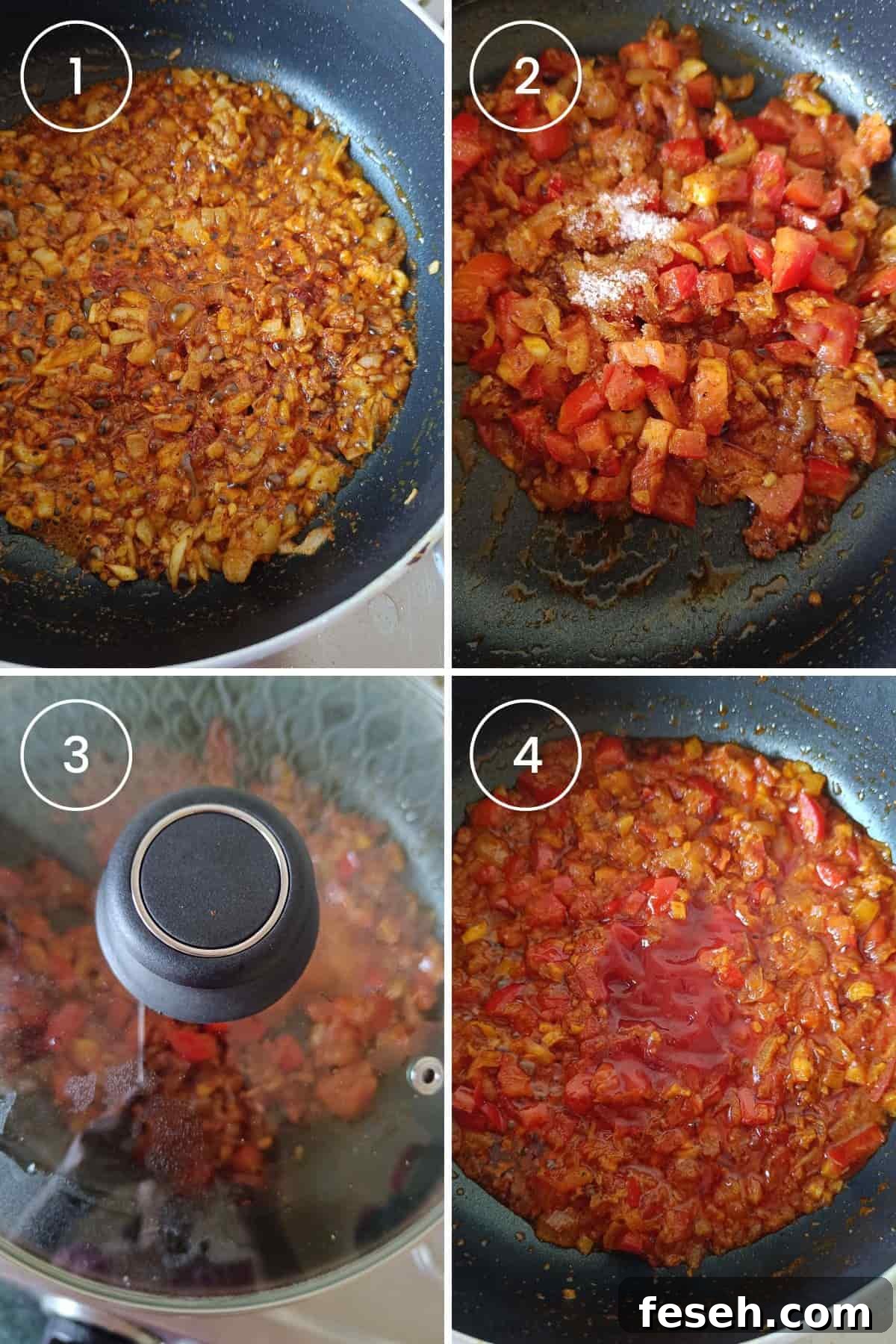 Four images showing adding ground spices, cooking the tomatoes until mushy, and adding tomato ketchup.