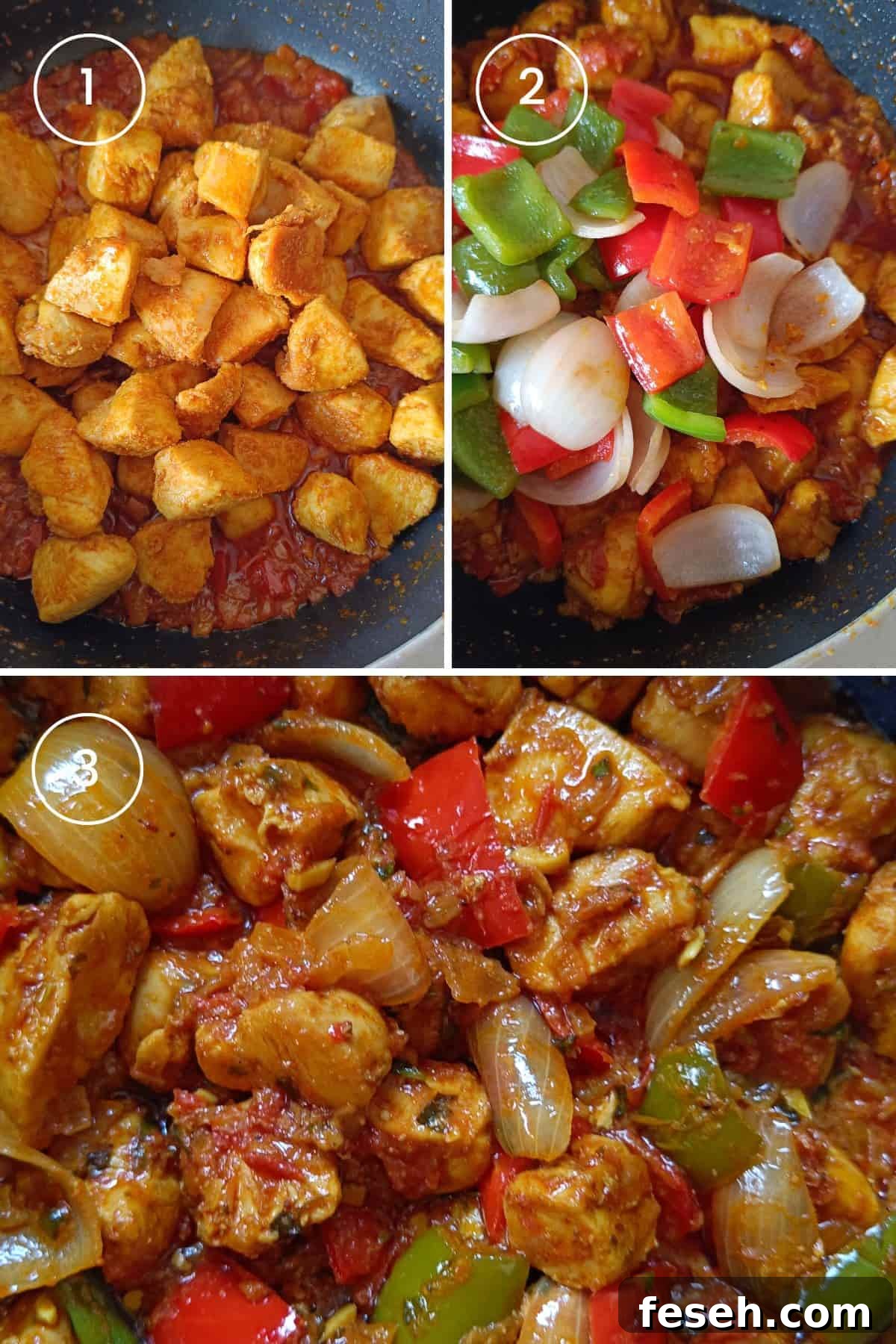 Three images showing adding the chicken in the sauce, adding the veggies, then cooking until done.