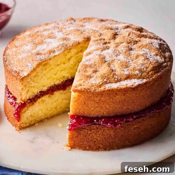 A Victoria Sponge Cake with a piece missing on a plate, ready to eat.