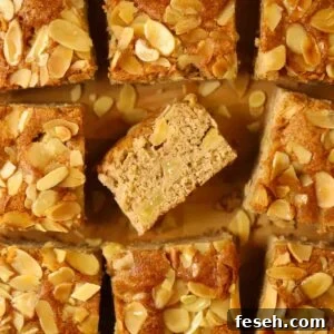 Squares of cooked apple cake with nutty topping.