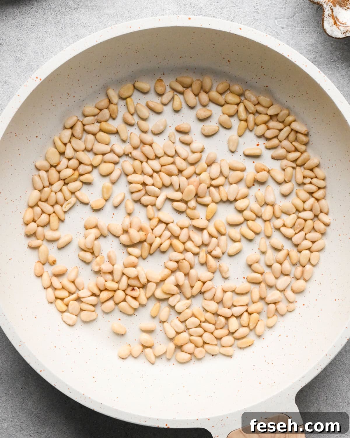 uncooked pine nuts in a small, white skillet before toasting making this pesto and pasta recipe