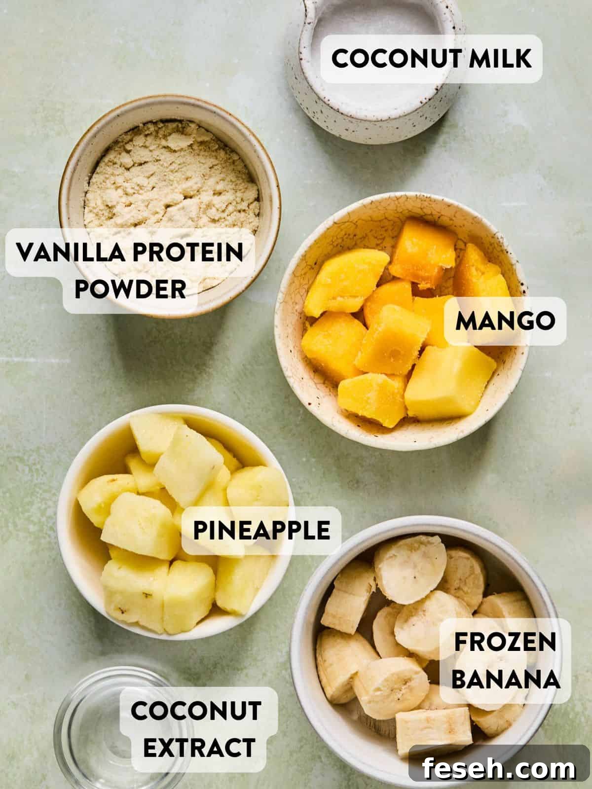coconut smoothie ingredients laid out on a counter
