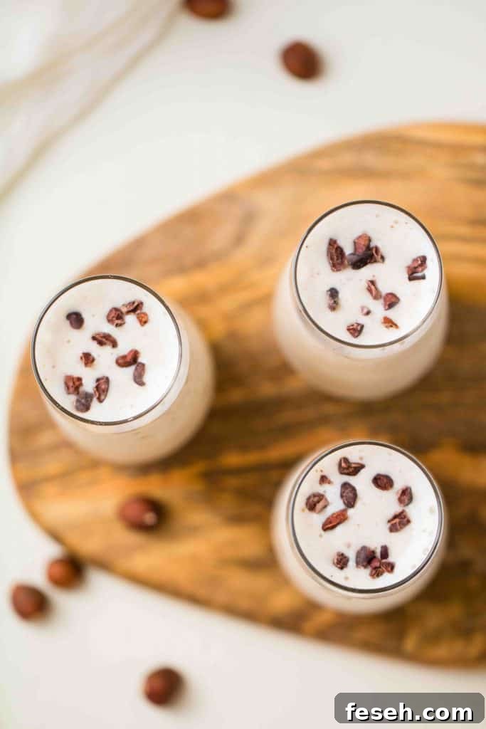 3-Ingredient Toasted Hazelnut Banana Smoothie 3 banana hazelnut smoothie with cacao nibs on top