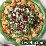 Middle Eastern style nachos on a green plate, with cucumber on the side.