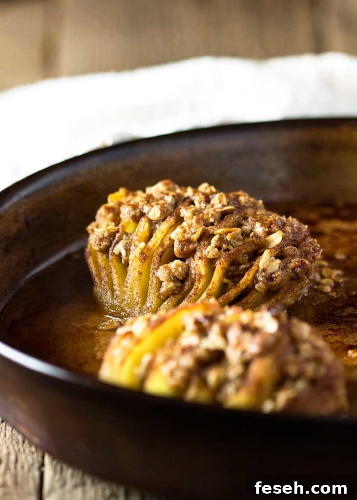 baked apple halves topped with oat streusel