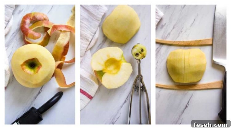 process photo collage: peeling, coring and slicing apple