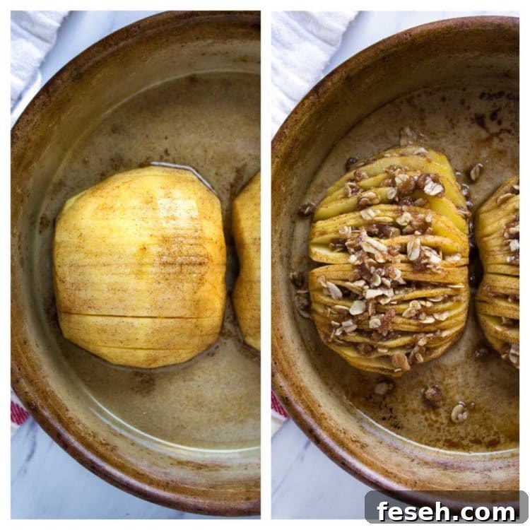 side by side collage: baked apple halves before and after stuffing with cinnamon streusel