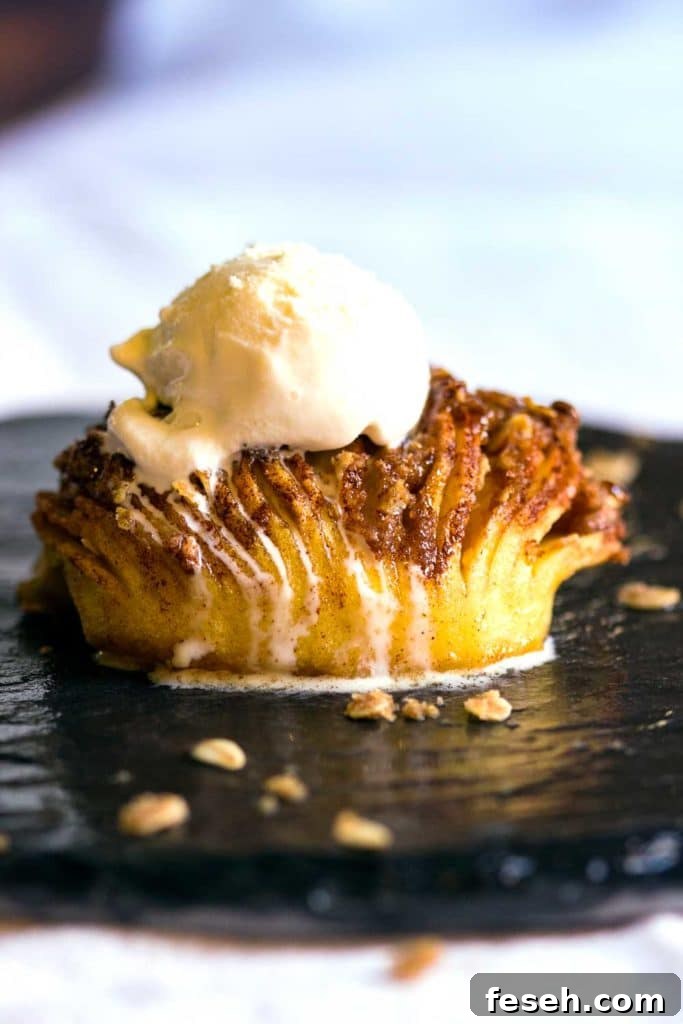 granny smith topped with cinnamon streusel and scoop vanilla ice cream