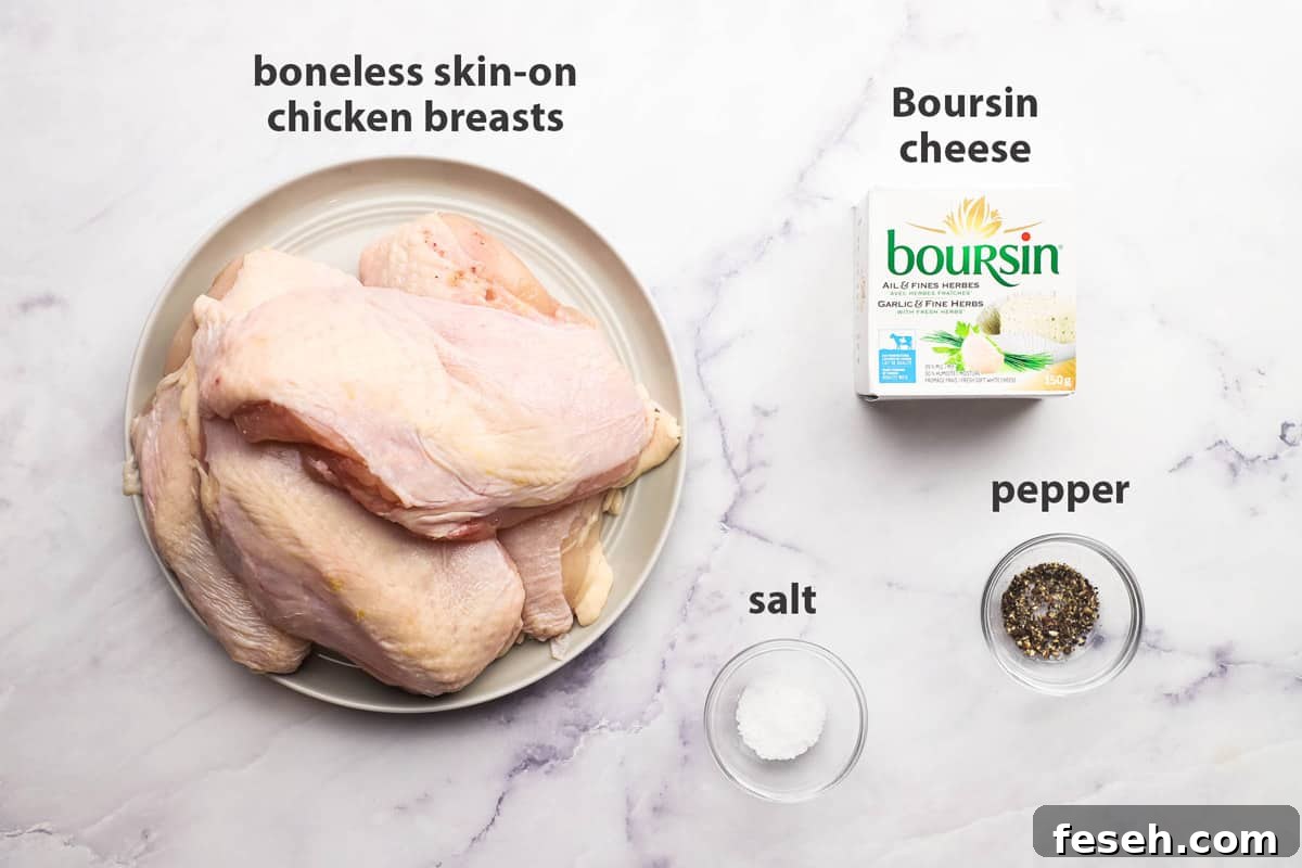 ingredients for boursin chicken pictured and labelled