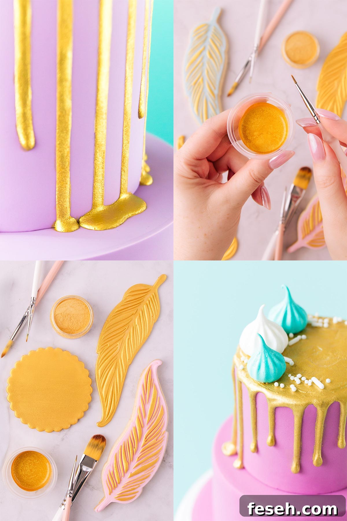 Collage of four pictures - two showing gold painted drip cakes, one with a hand holding a small container of gold edible paint, and one showing various cookies painted with gold.