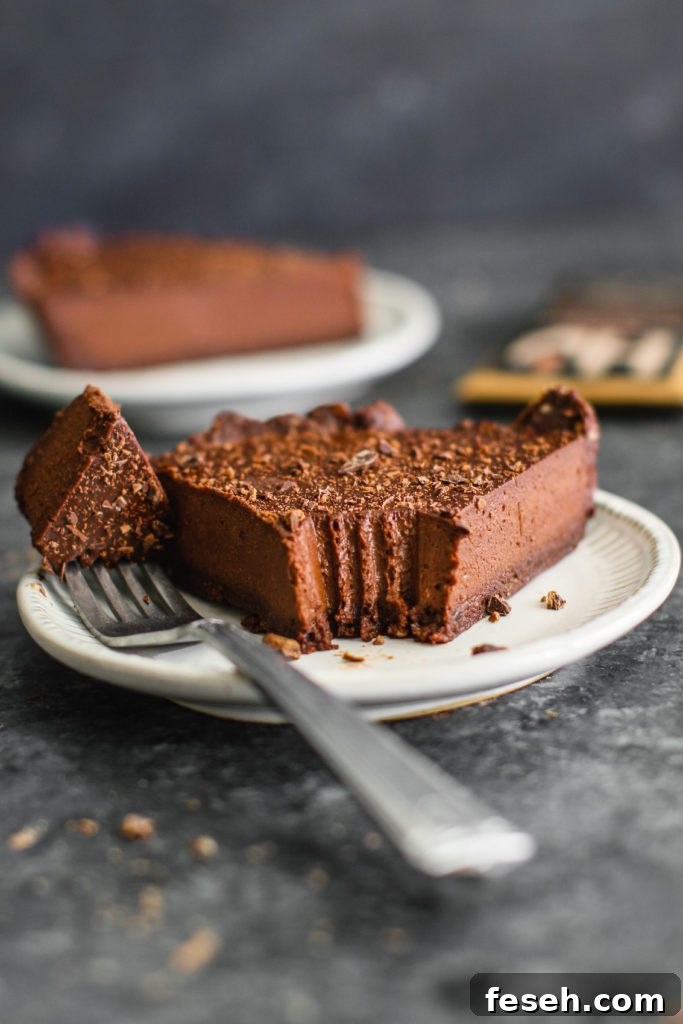 chocolate pie on plate with forkful 