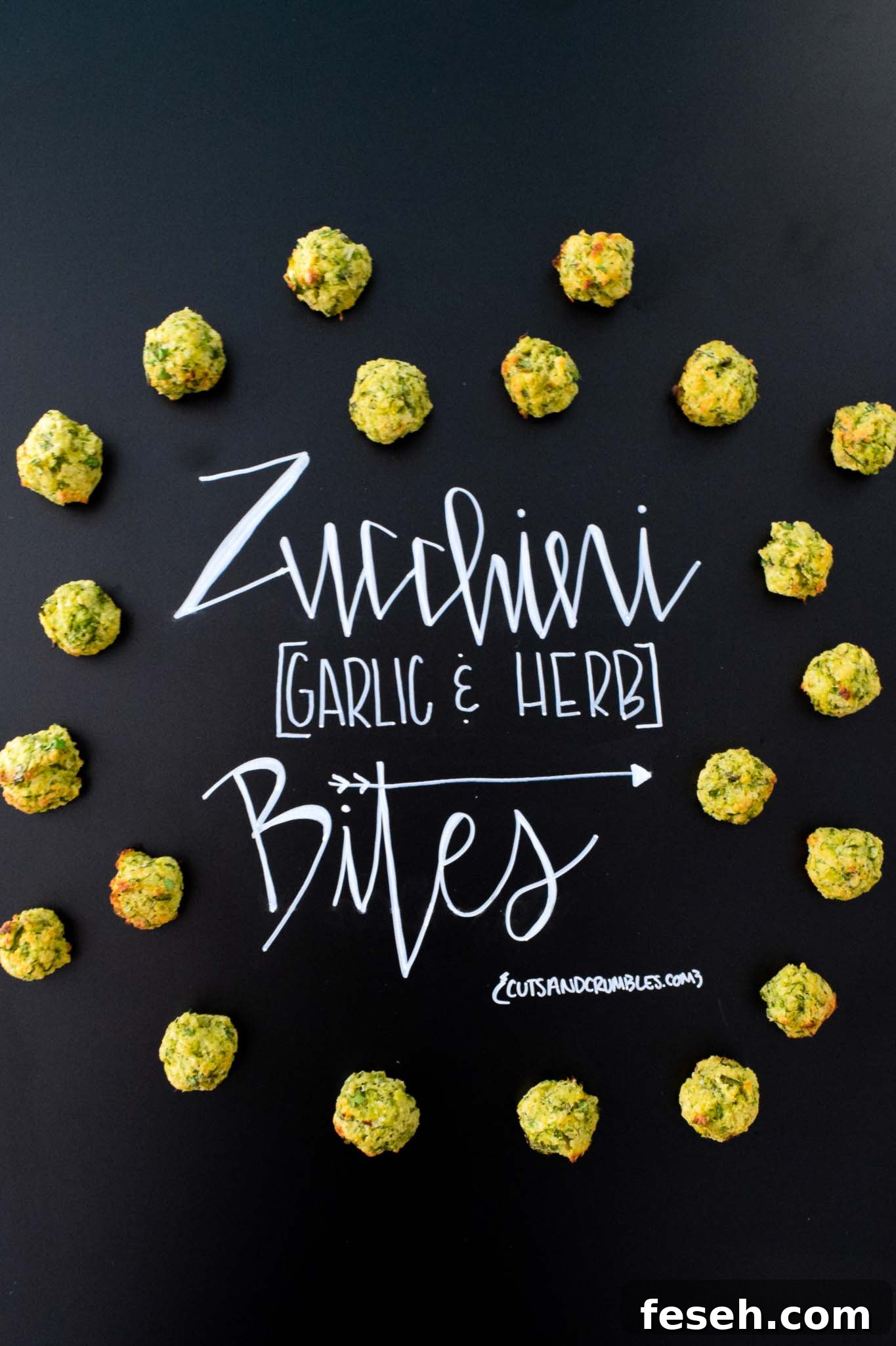 Zucchini Garlic and Herb Bites with title written on chalkboard