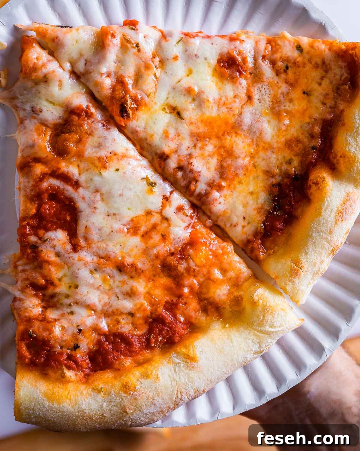 DIY Pizza Baking Steel: How to Make a Homemade Pizza Steel 5 Two slices of homemade New York pizza held in plate.