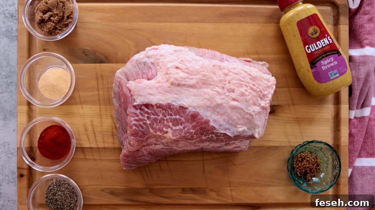 Smoked Corned Beef Recipe for Tender, Flavorful Brisket 3 Raw corned beef brisket on cutting board with seasonings in cups.