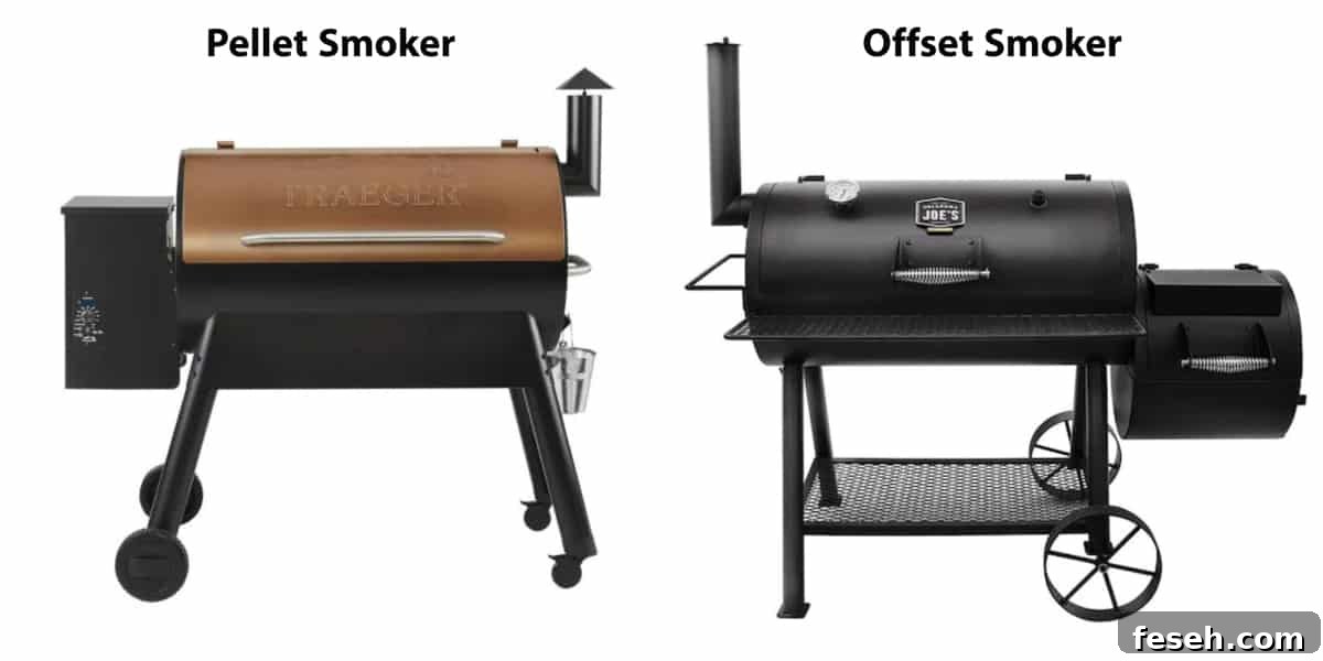 Smoked Corned Beef Recipe for Tender, Flavorful Brisket 5 a pellet smoker next to an offset smoker.