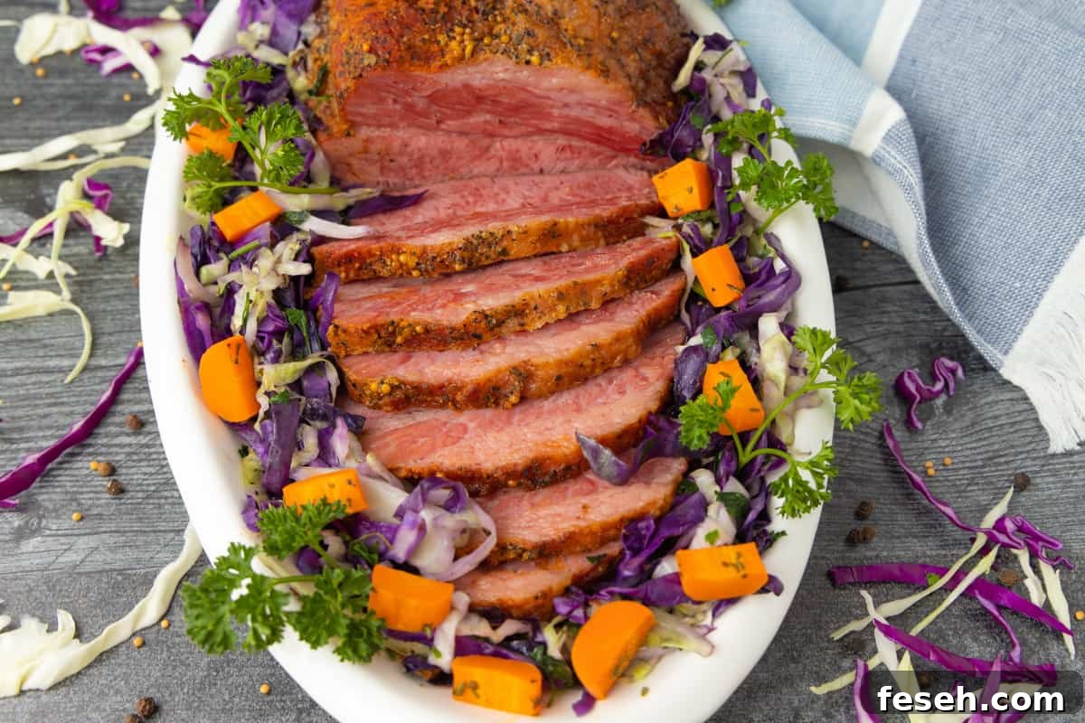 Smoked Corned Beef Recipe for Tender, Flavorful Brisket 10 Corned beef brisket on white platter with cabbage and a dish towel under plate.