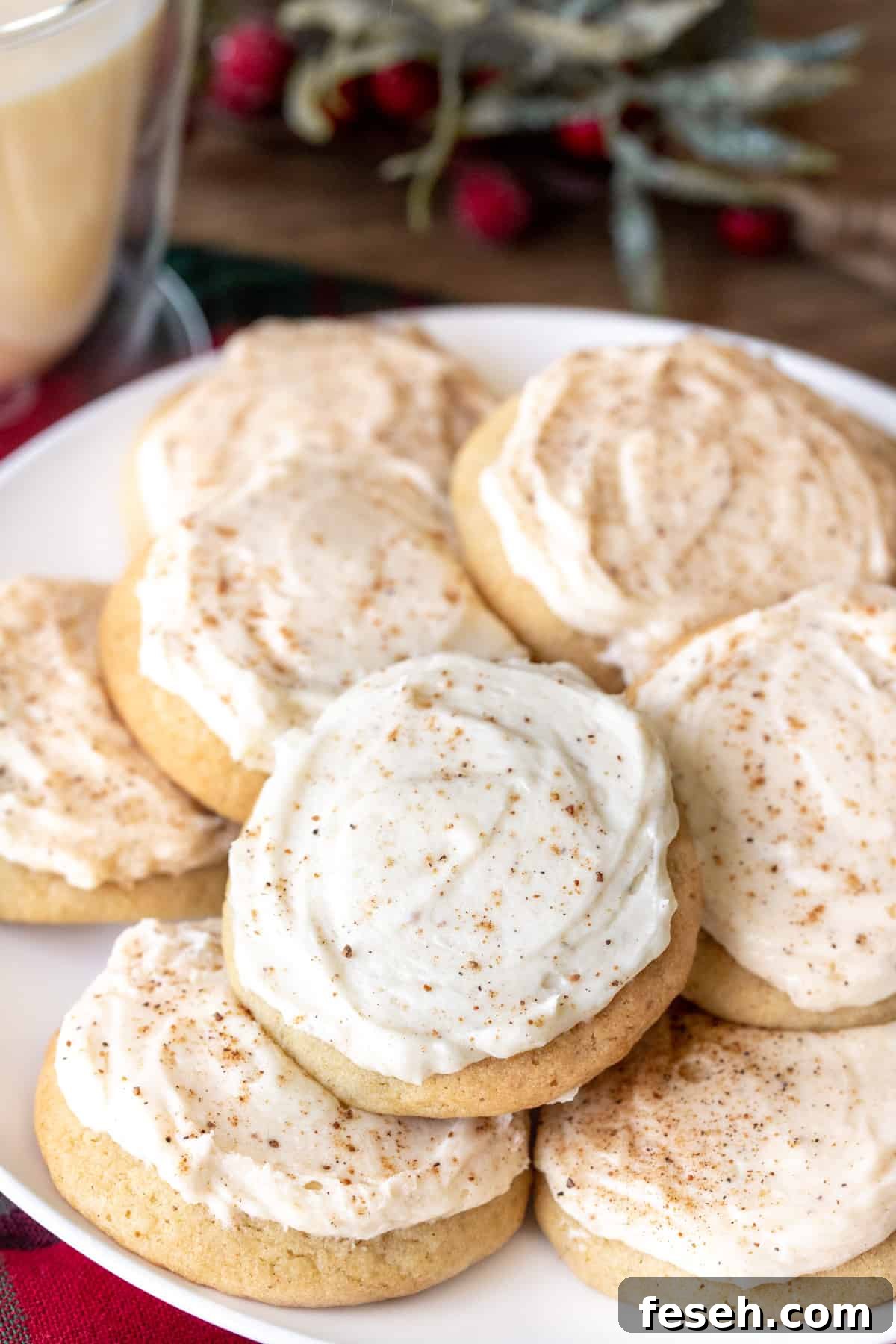 Holiday Eggnog Cookies with Creamy Eggnog Frosting 4 Plate of eggnog cookies frosted with eggnog buttercream and sprinkled with nutmeg
