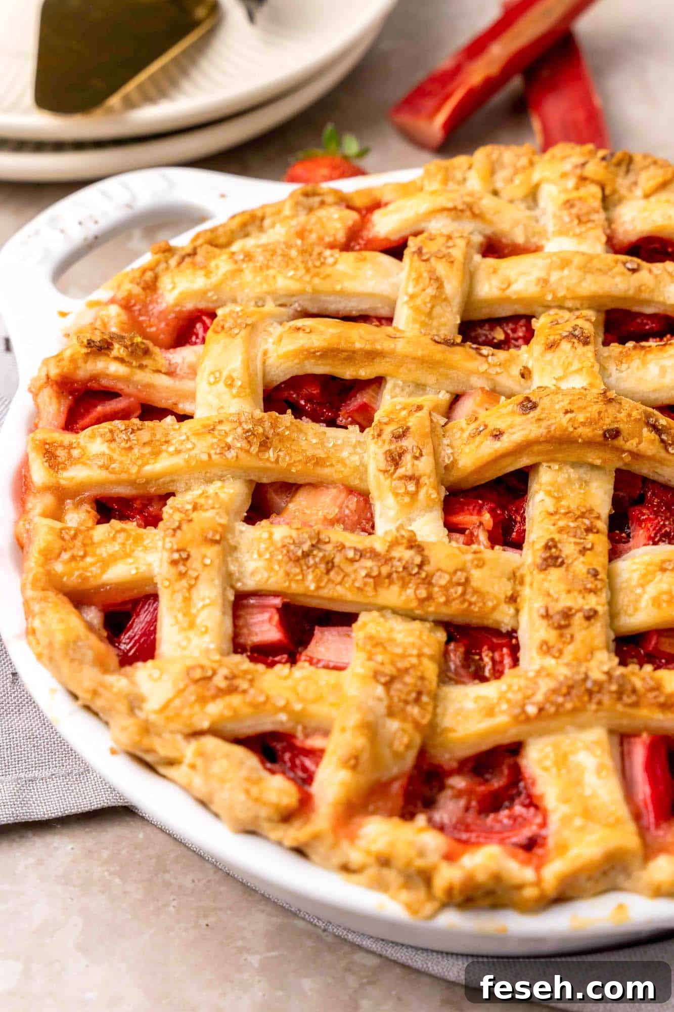 Strawberry Rhubarb Pie Recipe with Buttery Crust 3 A side photo of the pie made of Strawberry and Rhubarb