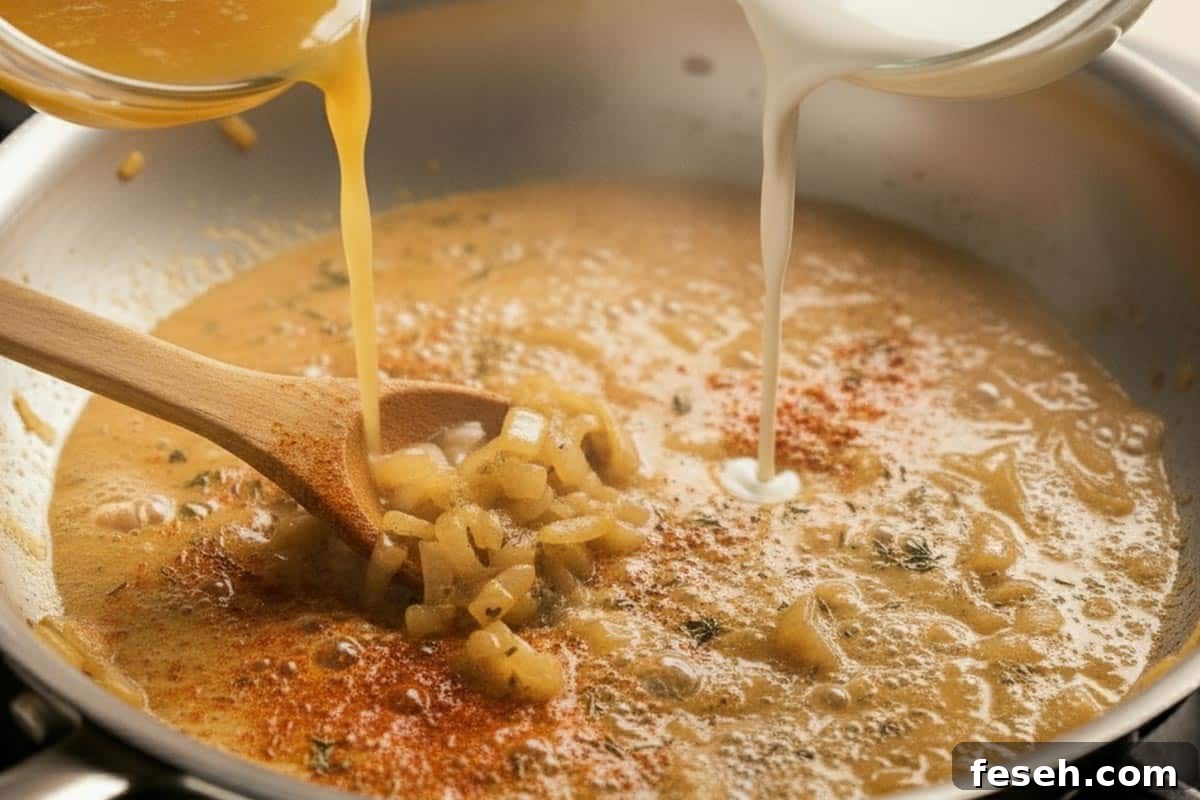Creamy Lemon Garlic Chicken Recipe 7 Pouring in the cream and the fresh lemon juice to the pan with chicken broth, onion, garlic, paprika and thyme.