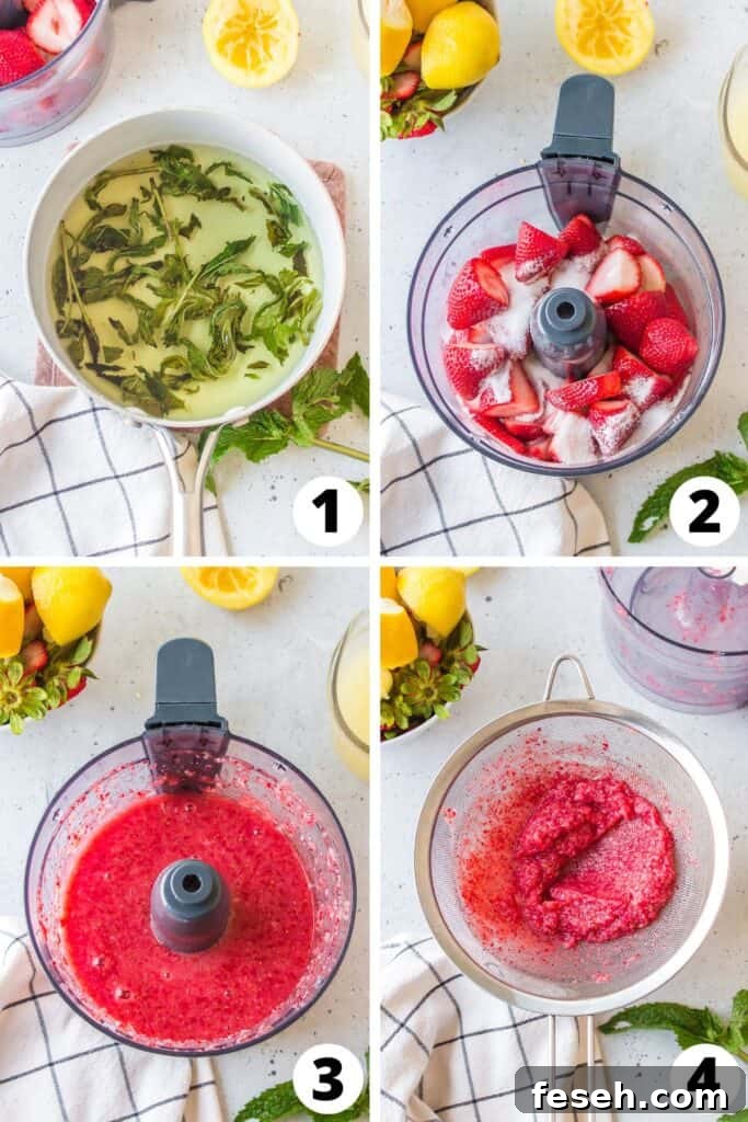 Homemade Mint Strawberry Lemonade 4 Collage of Mint Strawberry Recipe Steps