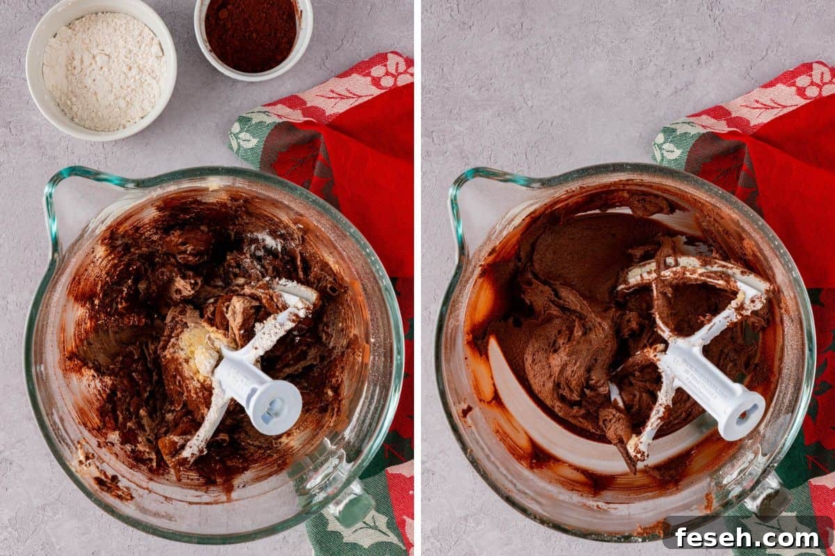 Chocolate Kiss Cookies with Hershey Candy Cane Kisses 5 cookie dough in mixing bowl