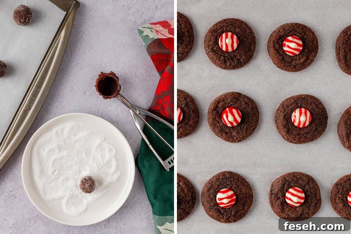 Chocolate Kiss Cookies with Hershey Candy Cane Kisses 6 cookie dough ball rolled in sugar and baked cookies with Hershey's candy cane kisses