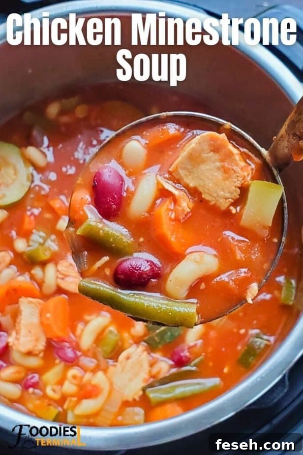 Hearty Chicken Minestrone Soup with Vegetables 10 easy chicken minestrone soup being lifted with a ladle from instant pot