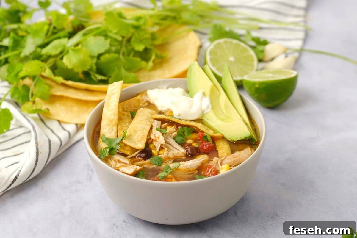 Instant Pot Chicken Tortilla Soup Instant Pot Chicken Tortilla Soup in bowl topped with homemade toritlla strips, sour cream, and sliced avocado.