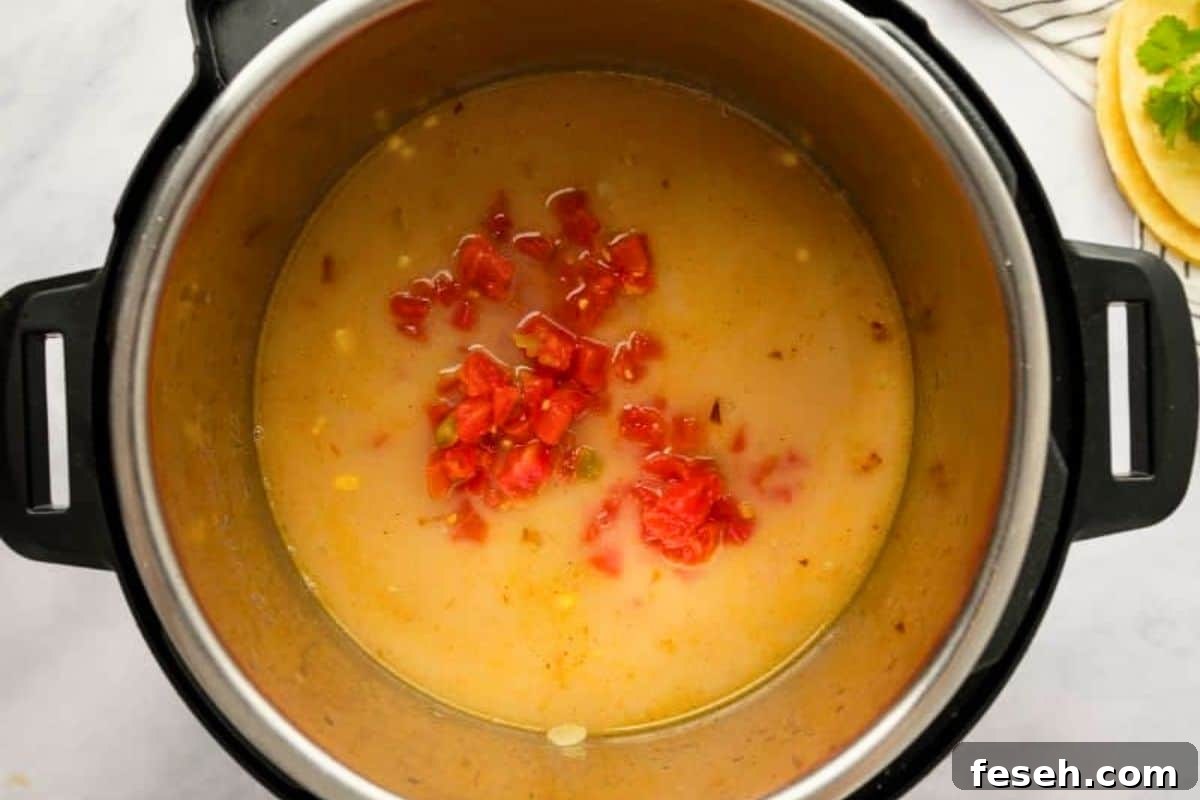 Instapot Chicken Tortilla Soup Seasoned chicken stock with raw chicken breasts, corn, beans, and rotel tomatoes in base of instant pot for tortilla soup recipe.