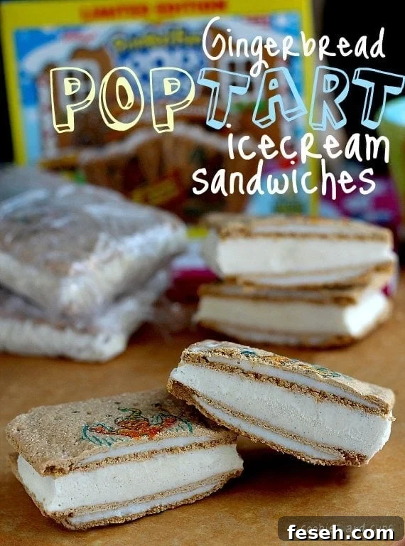 Gingerbread Pop Tart Ice Cream Sandwiches Recipe 2 An assortment of Pop Tart ice cream sandwiches in front of a box of Gingerbread Pop Tarts.
